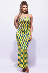 Multi colored geo print tube maxi dress