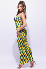 Multi colored geo print tube maxi dress