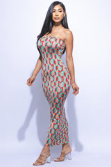 Multi colored geo print tube maxi dress