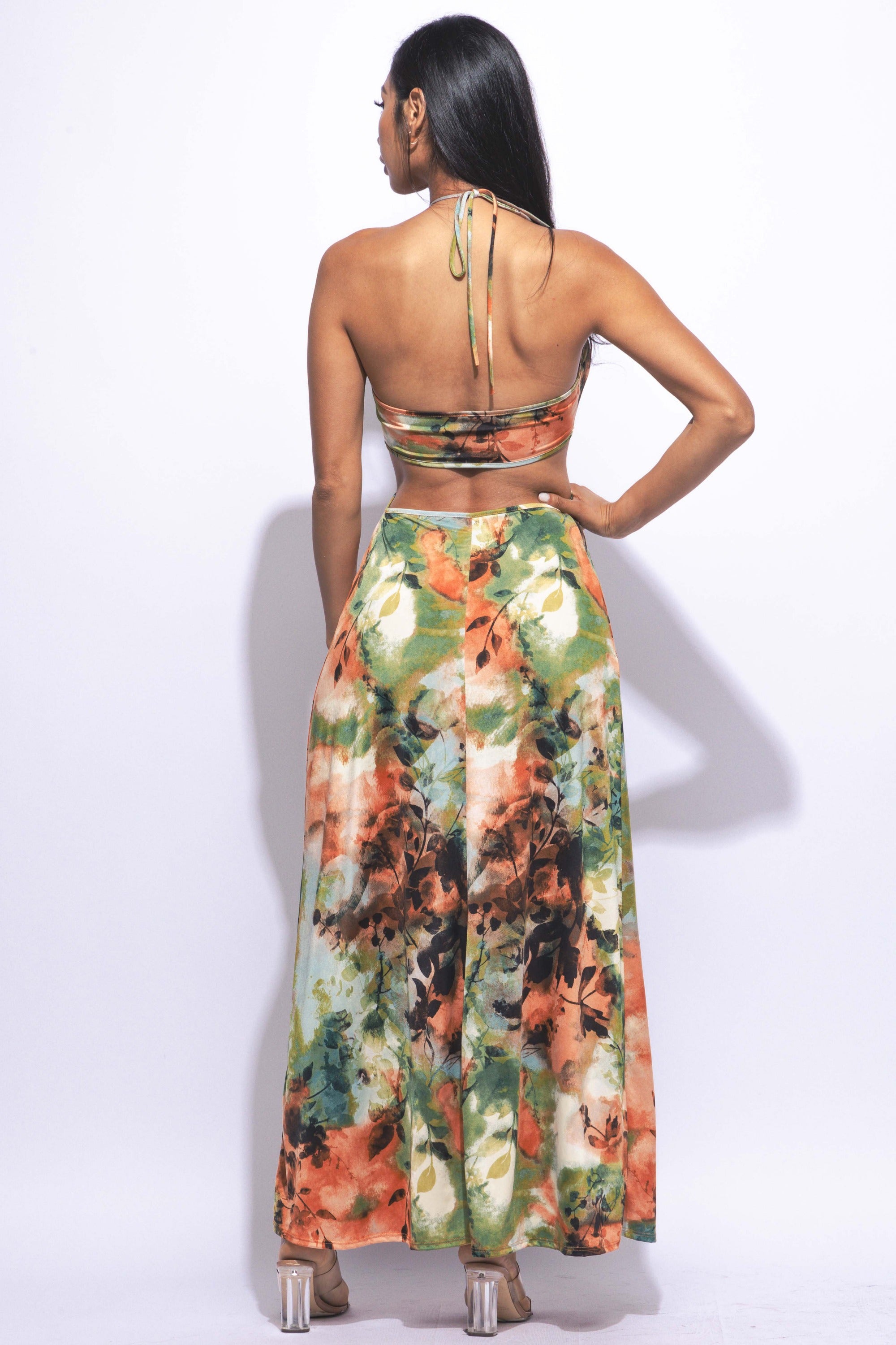 Printed maxi skirt with high slit