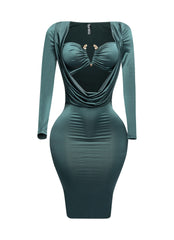 Long sleeve cowl drape front detailed dress