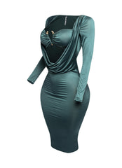 Long sleeve cowl drape front detailed dress