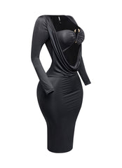 Long sleeve cowl drape front detailed dress