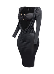 Long sleeve cowl drape front detailed dress