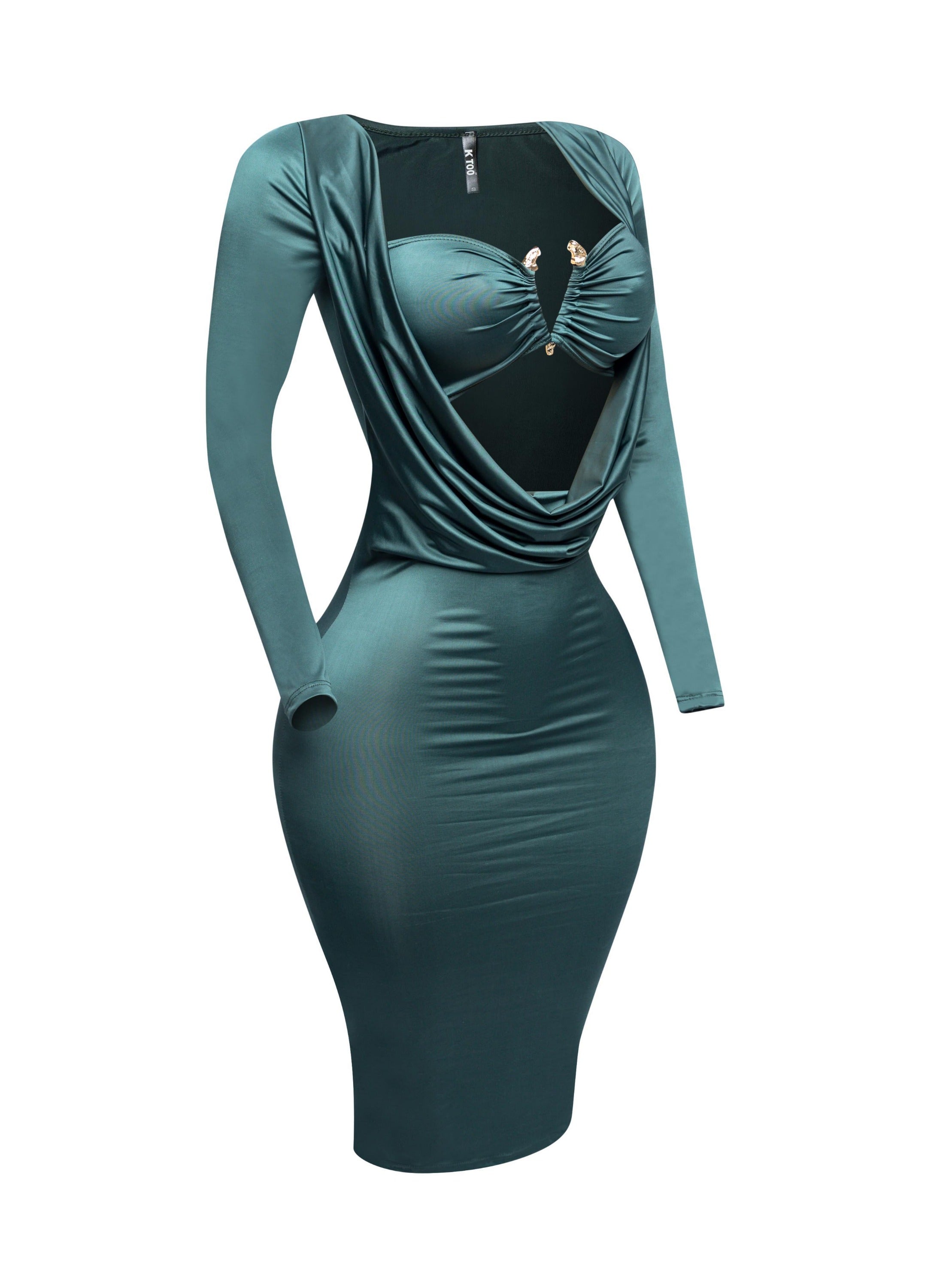 Long sleeve cowl drape front detailed dress