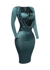 Long sleeve cowl drape front detailed dress