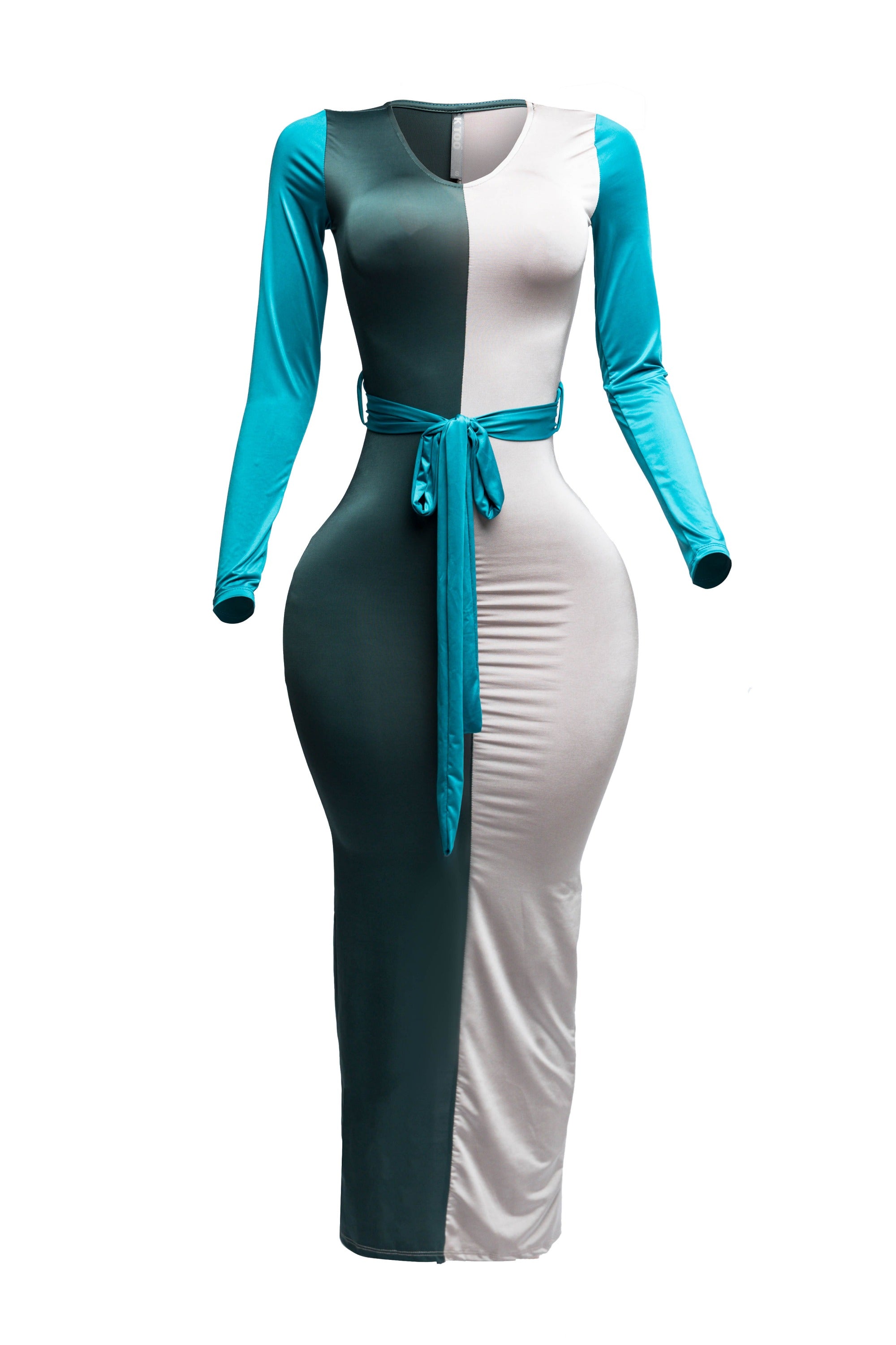 Long sleeve color block maxi dress