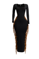 Bleached two tone colorway side fringe maxi dress