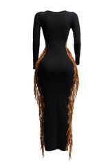 Bleached two tone colorway side fringe maxi dress