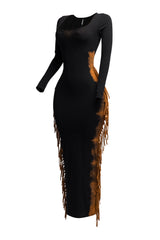 Bleached two tone colorway side fringe maxi dress