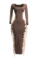 Bleached two tone colorway side fringe maxi dress