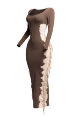 Bleached two tone colorway side fringe maxi dress