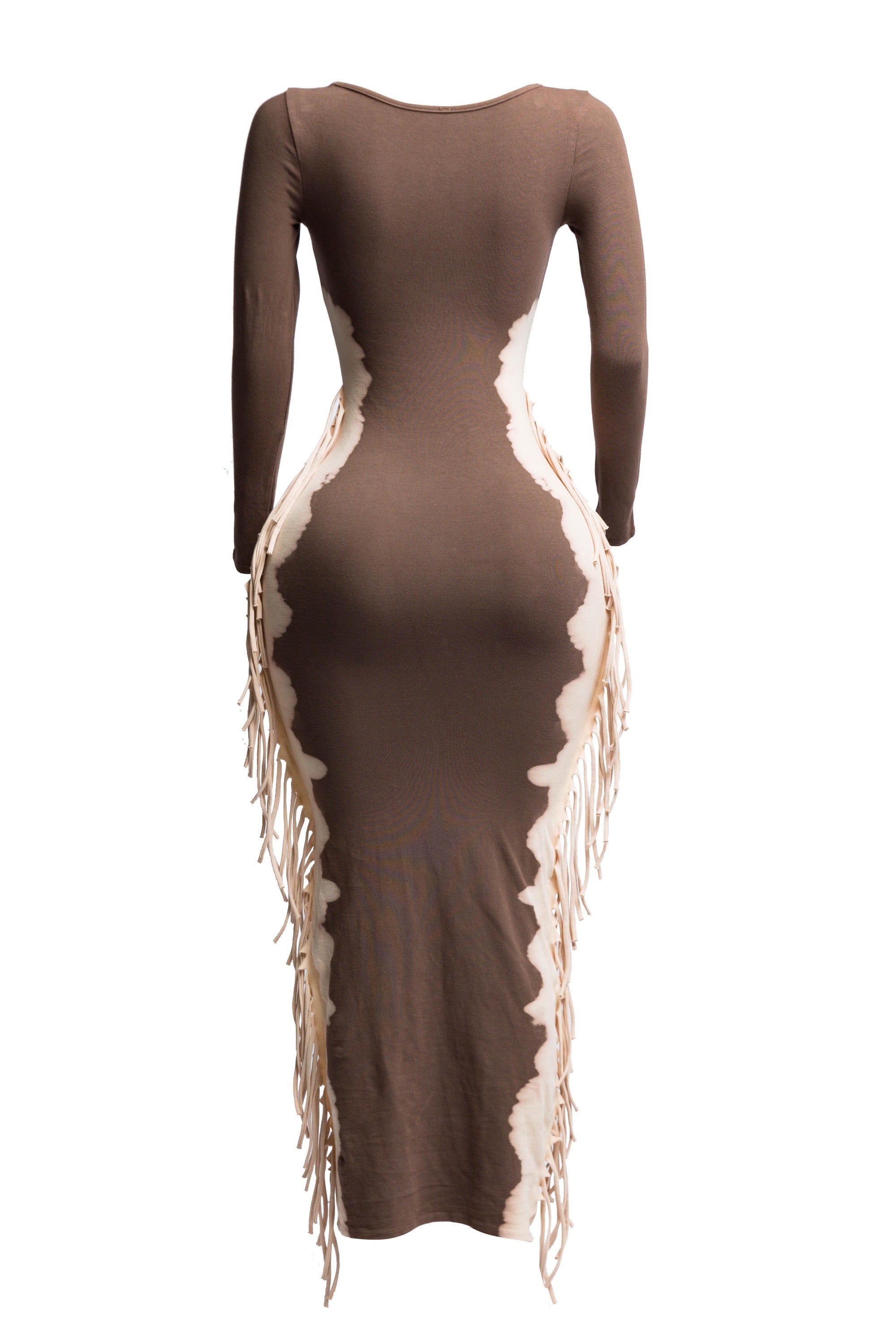 Bleached two tone colorway side fringe maxi dress