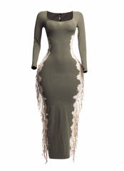 Bleached two tone colorway side fringe maxi dress