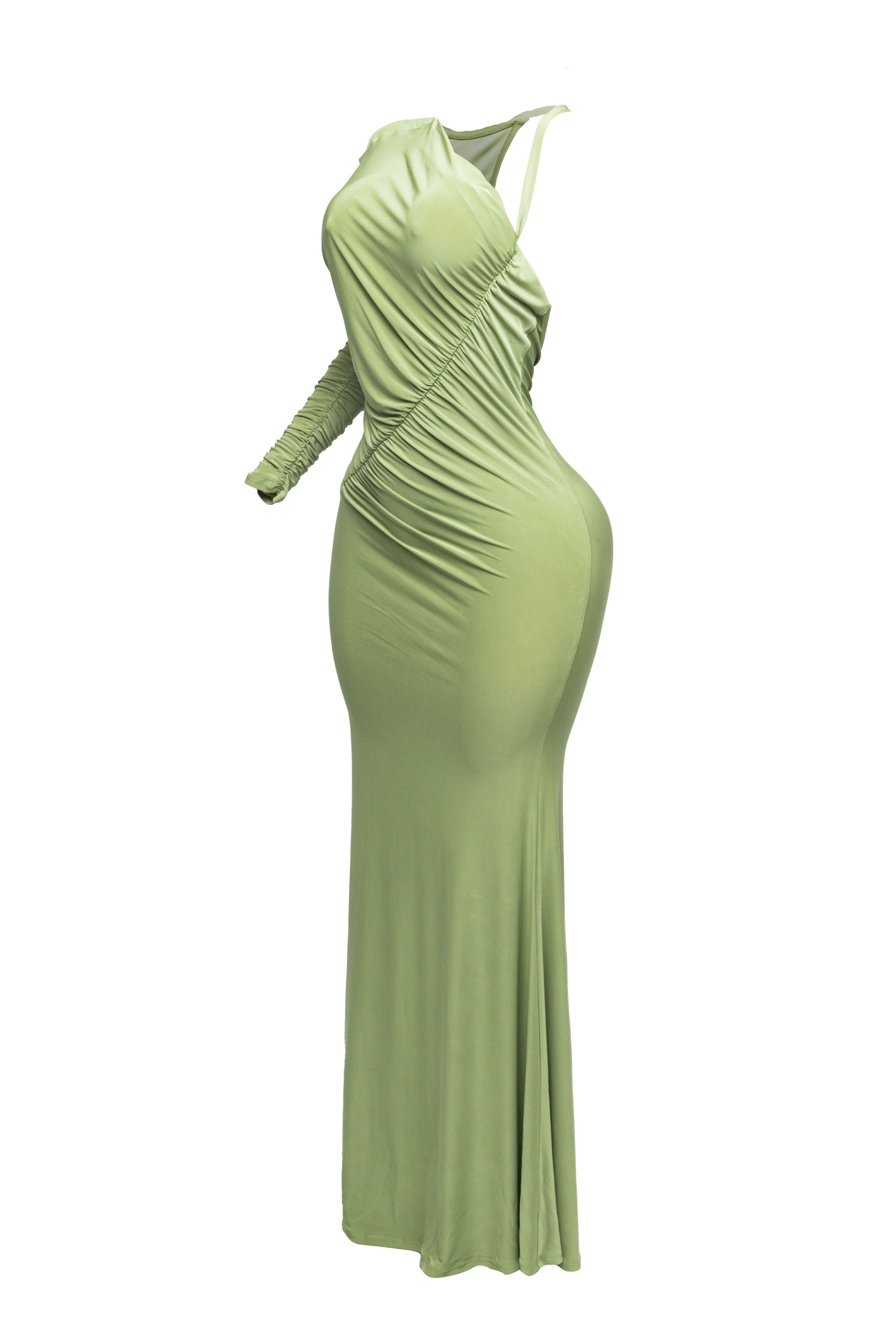 One sleeve open back ruched front detail maxi dress