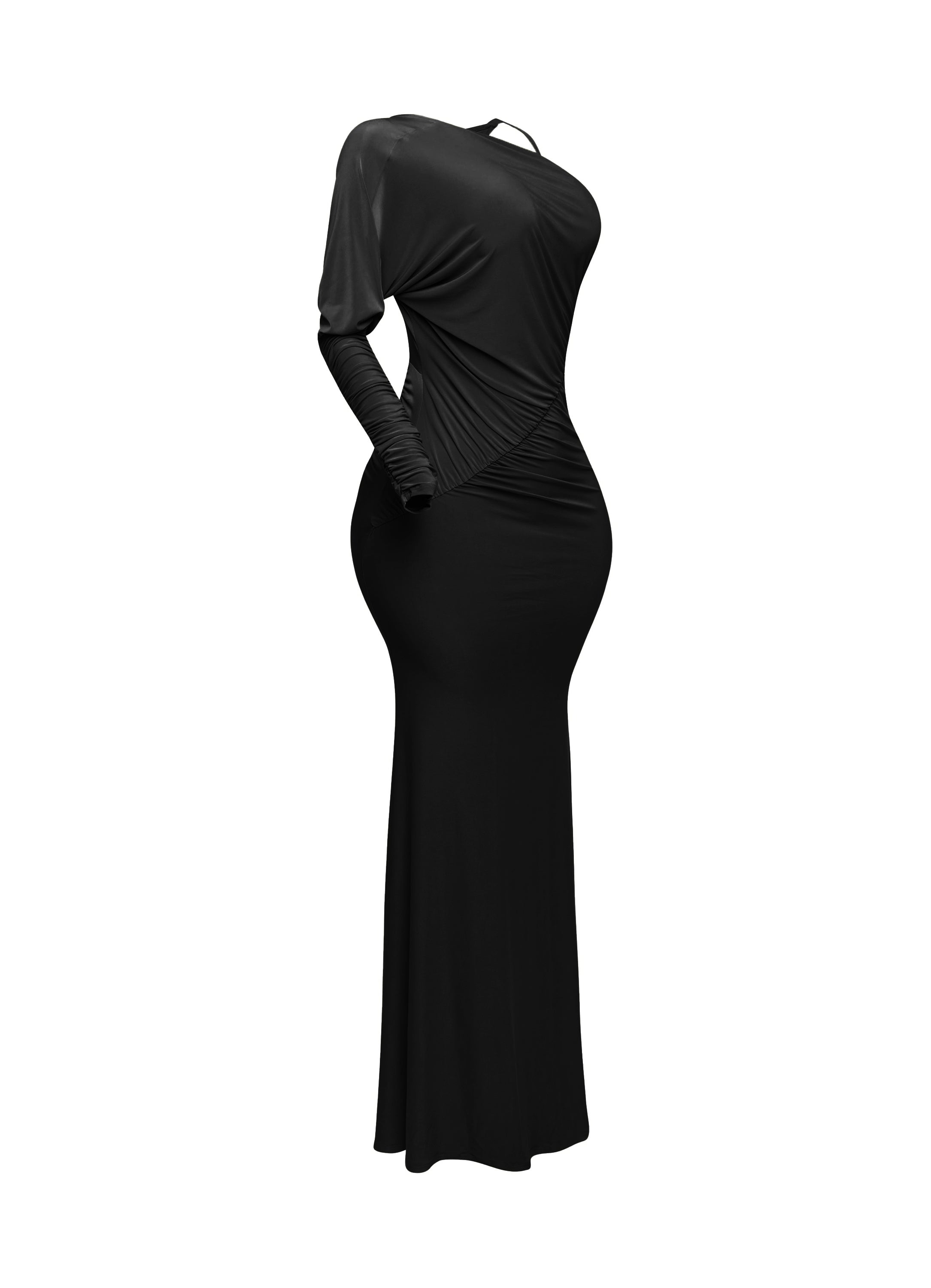 One sleeve open back ruched front detail maxi dress