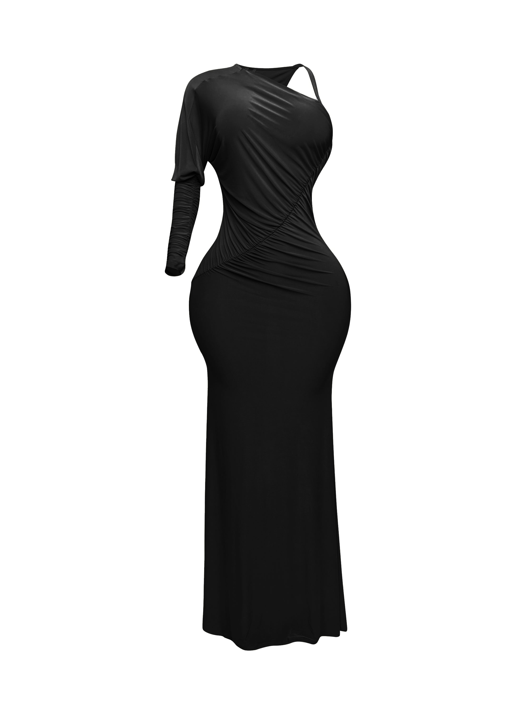 One sleeve open back ruched front detail maxi dress