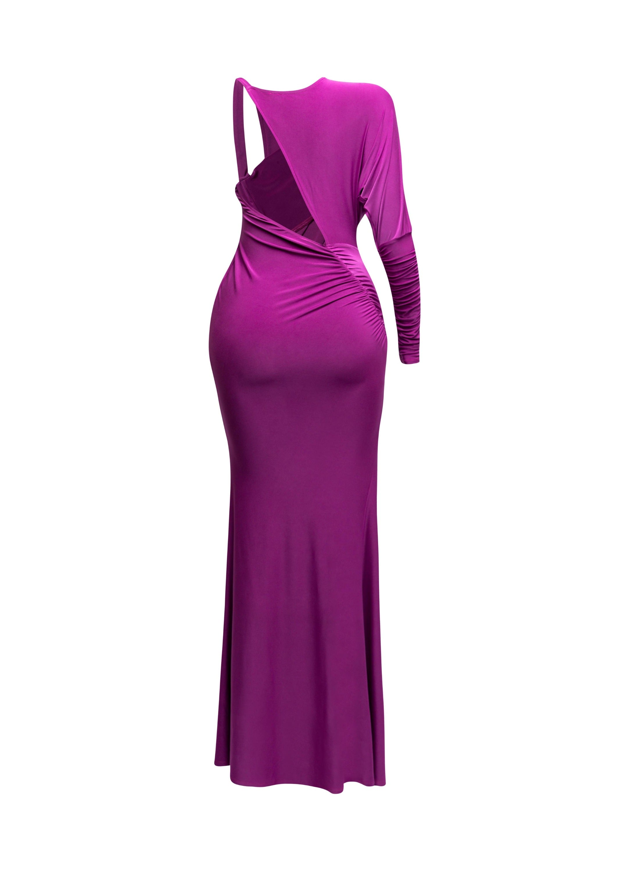 One sleeve open back ruched front detail maxi dress