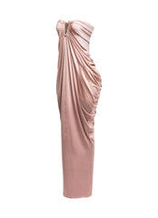 V shape trim detailed draping body strapless maxi dress