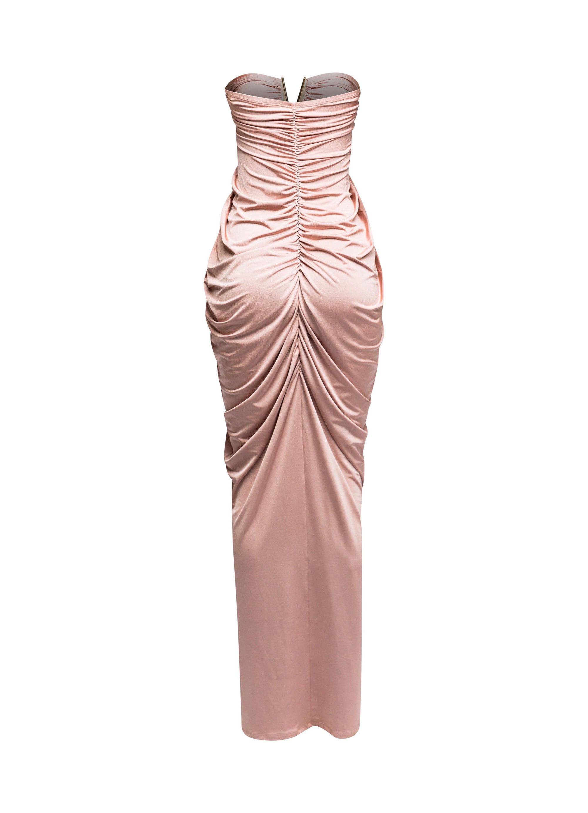 V shape trim detailed draping body strapless maxi dress