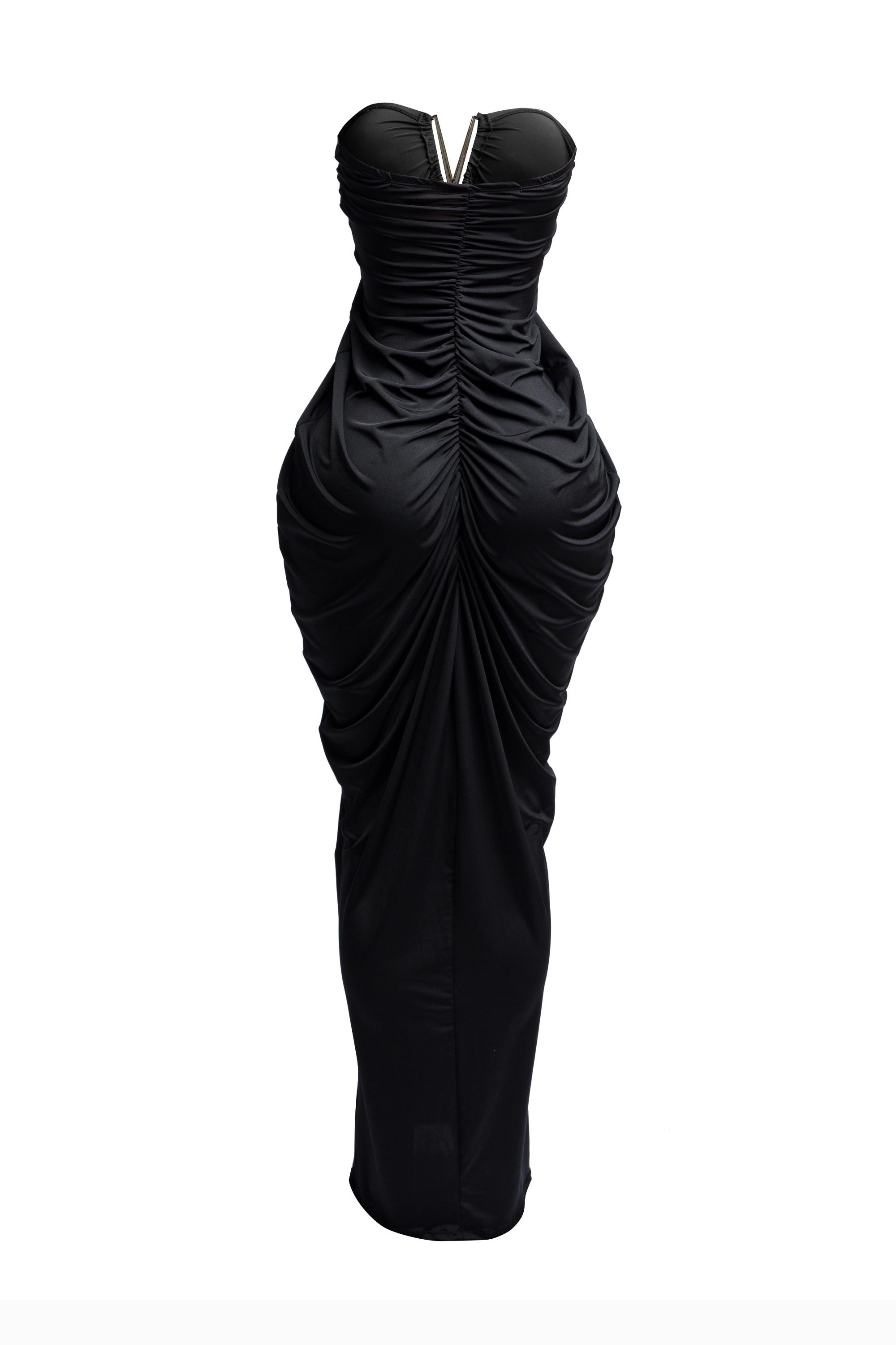 V shape trim detailed draping body strapless maxi dress