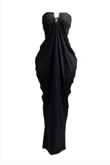 V shape trim detailed draping body strapless maxi dress