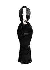 Front view of black snake-trimmed halter maxi dress with plunging neckline and ruched detailing.