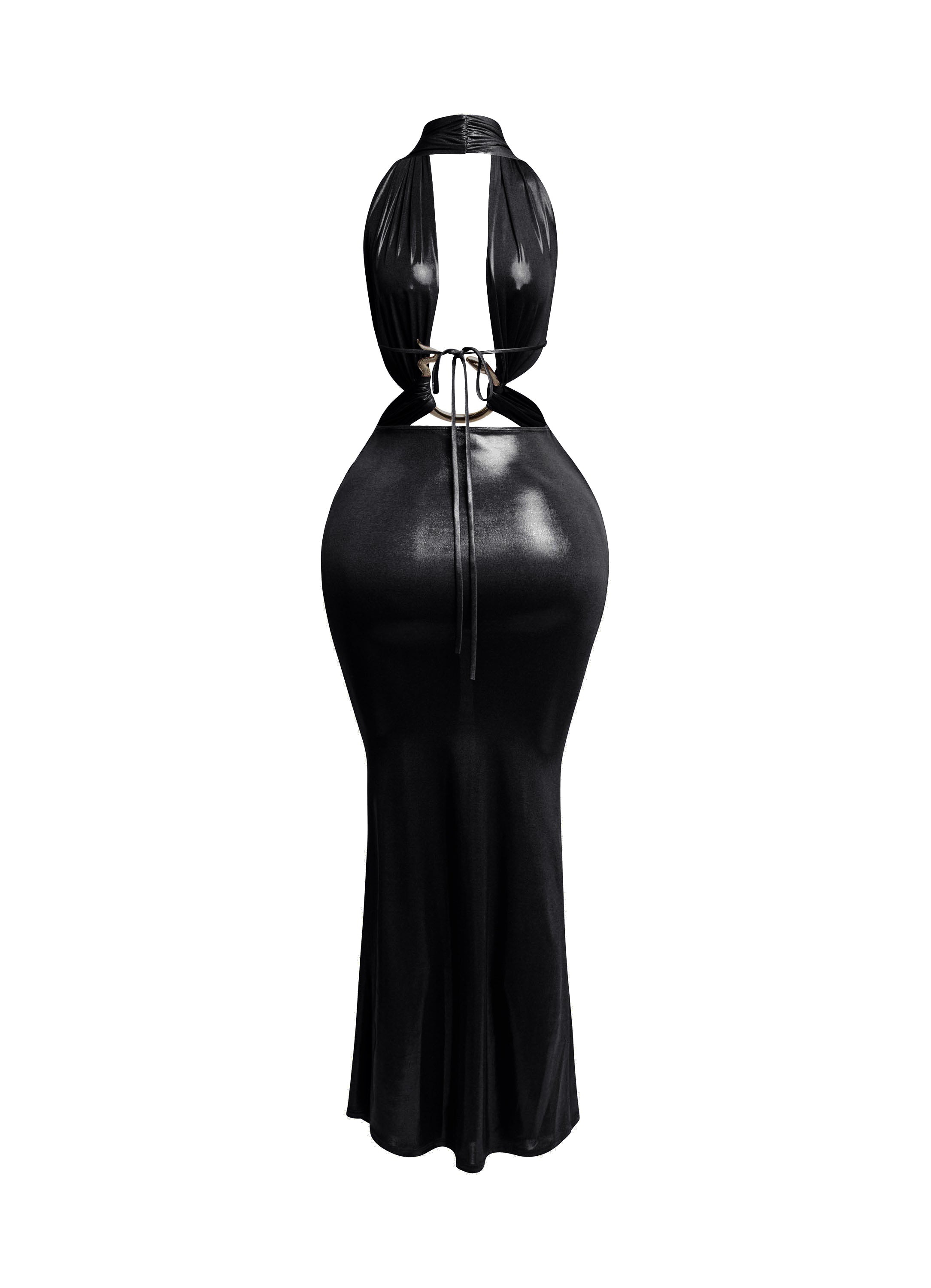 Back view of black metallic backless halter maxi dress with adjustable tie closure and snake trim.