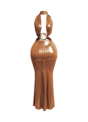 Back view of copper metallic halter maxi dress with open back, adjustable tie, and ruched design.