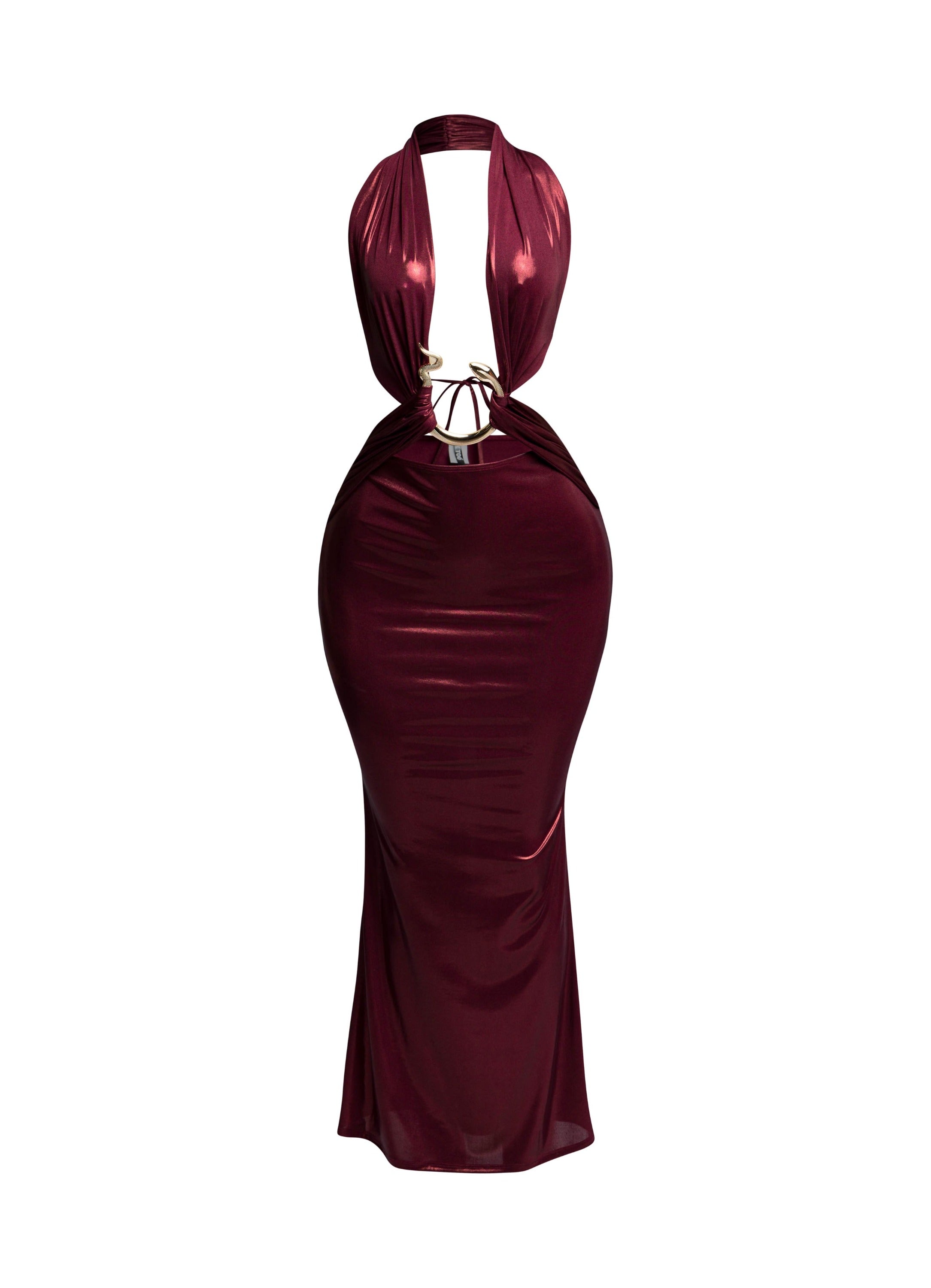 Front view of burgundy snake-trimmed halter maxi dress with plunging neckline and ruched fabric.