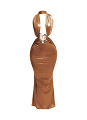 Front view of copper snake-trimmed halter maxi dress with deep neckline and body-hugging fit.