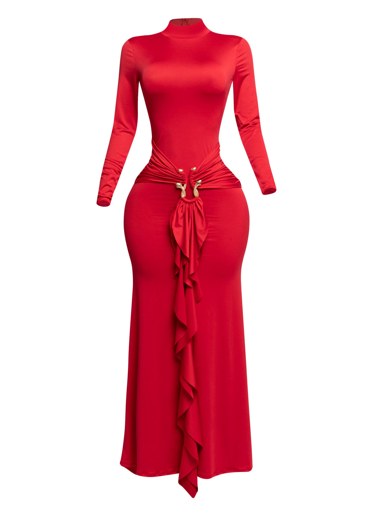 Trimmed ruffle down long sleeve maxi dress