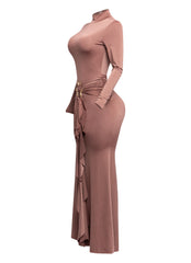 Trimmed ruffle down long sleeve maxi dress