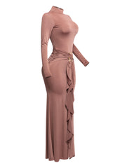 Trimmed ruffle down long sleeve maxi dress