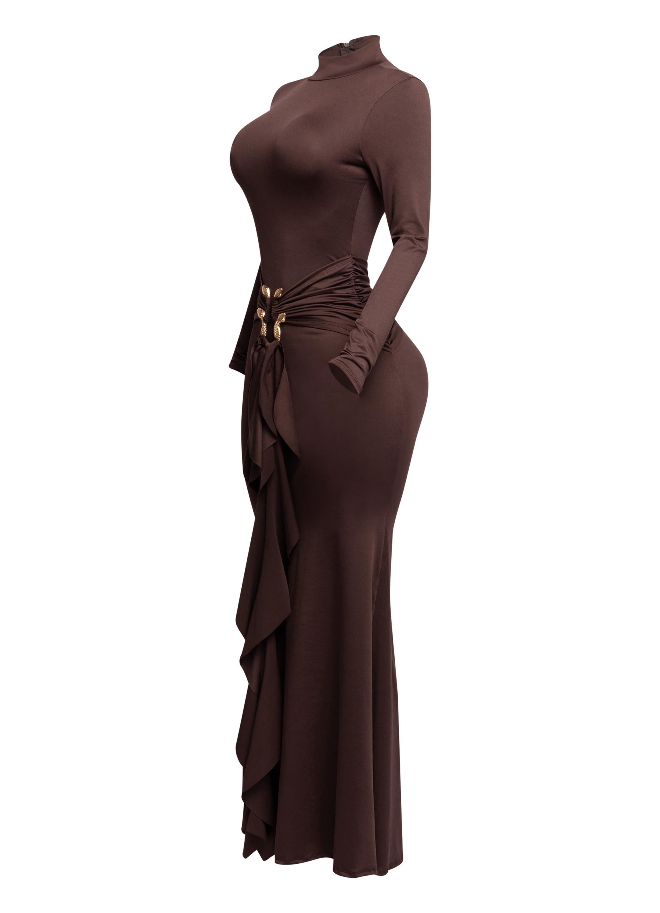 Trimmed ruffle down long sleeve maxi dress