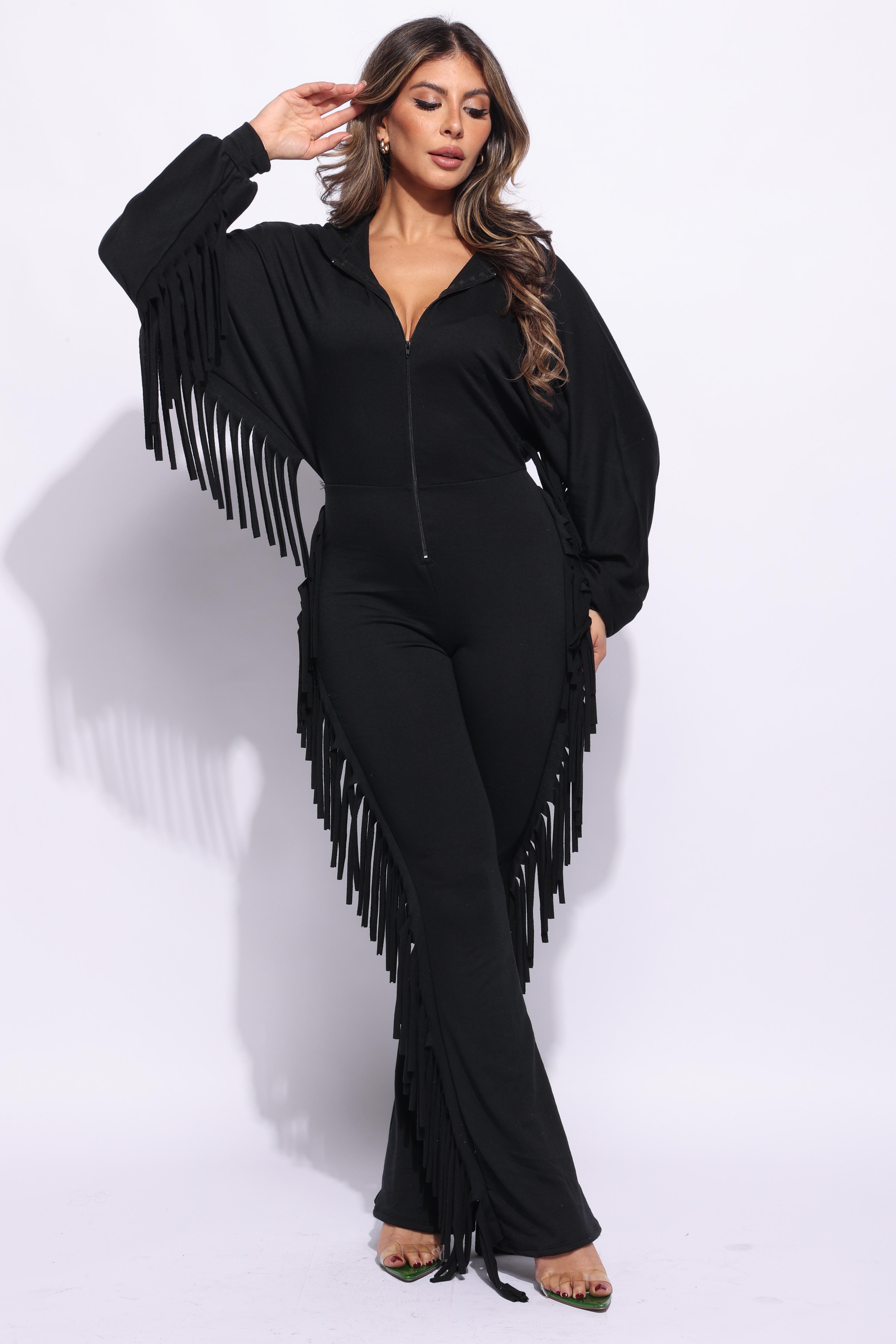 Front zipper fringe jumpsuit