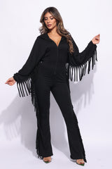 Front zipper fringe jumpsuit