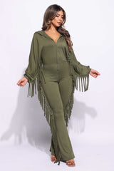 Front zipper fringe jumpsuit