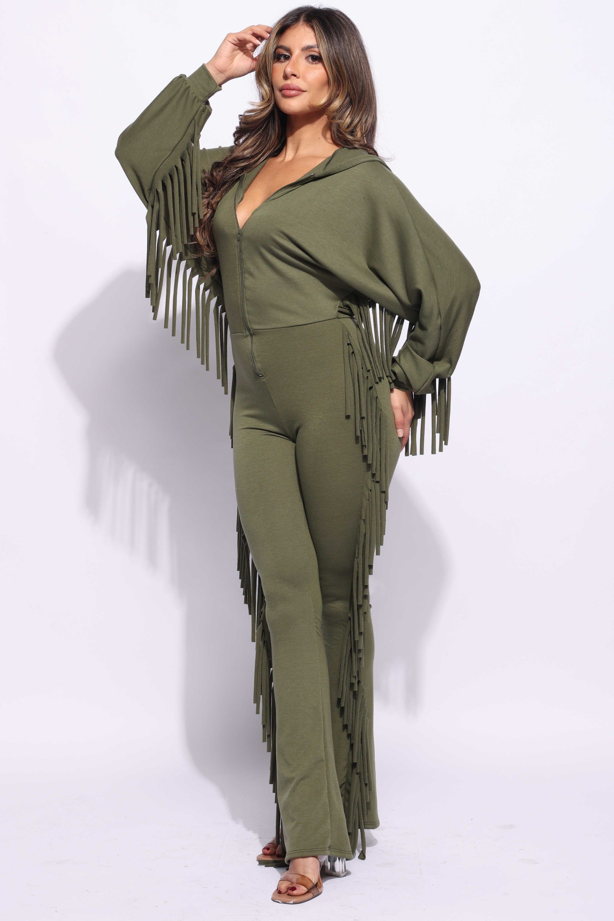 Front zipper fringe jumpsuit