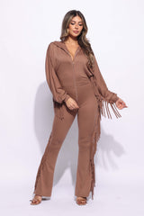 Front zipper fringe jumpsuit