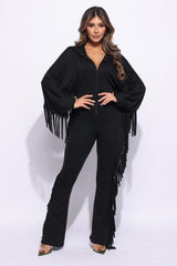 Front zipper fringe jumpsuit