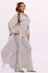 Front zipper fringe jumpsuit