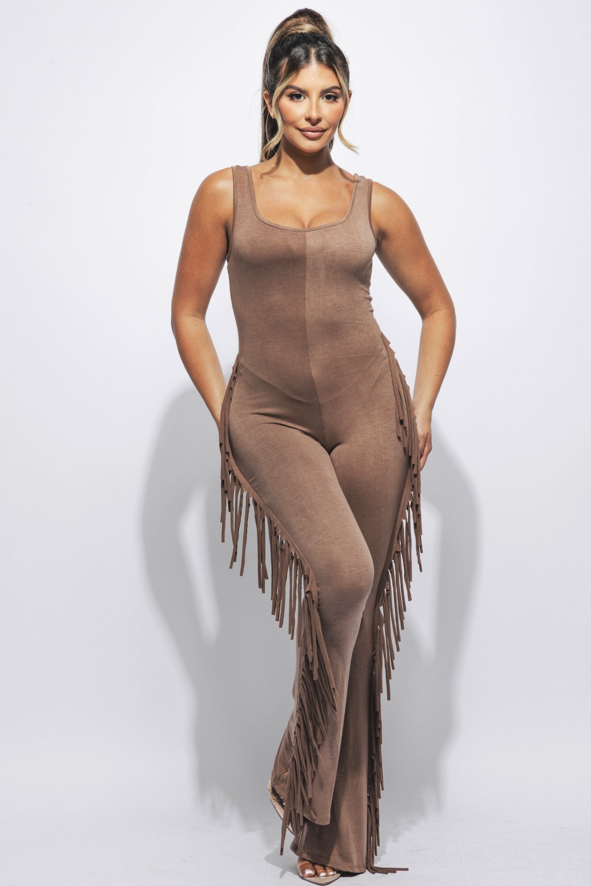 Sleevess side fringe jumpsuit