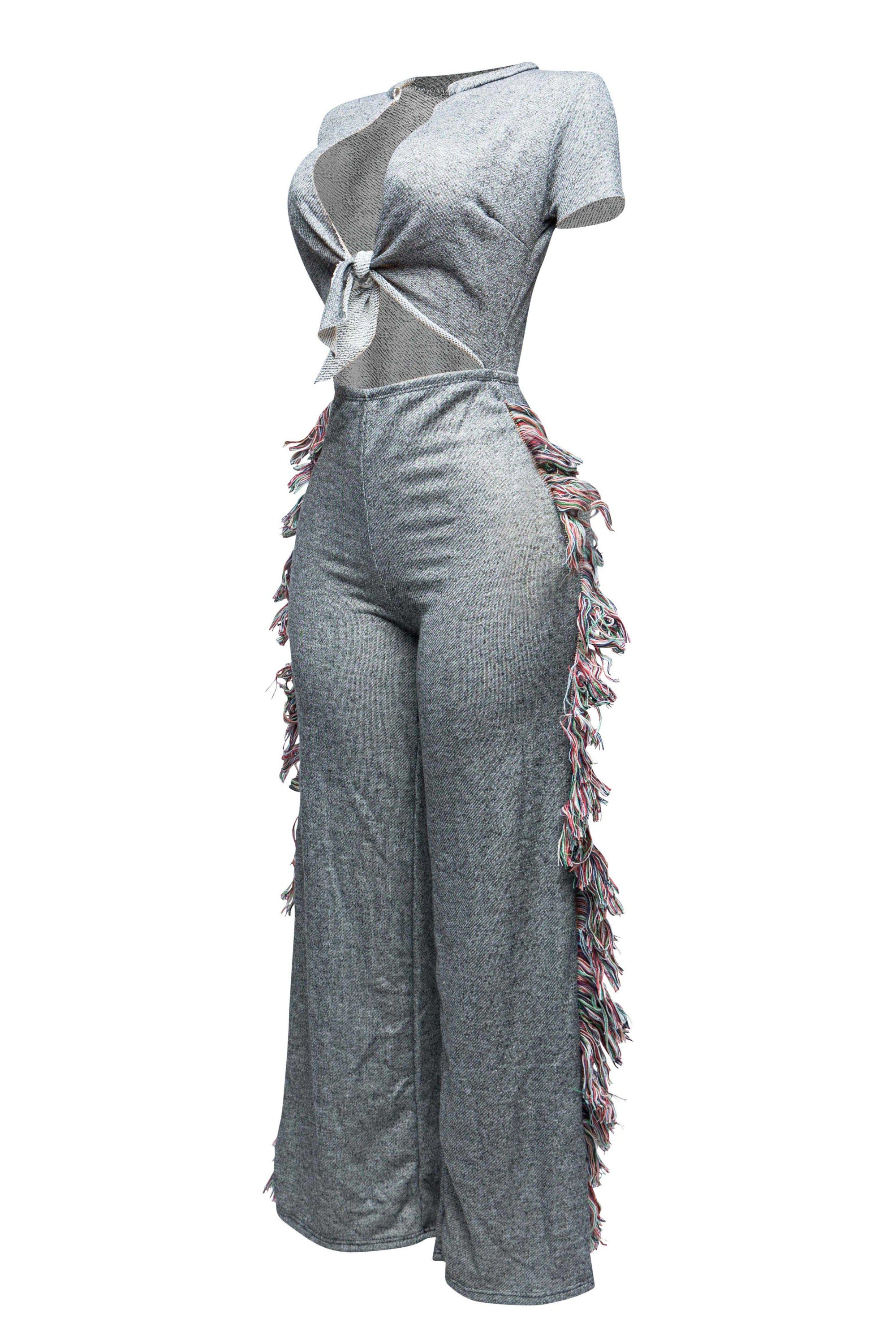 Open front tied closure, side tassel fringe wide leg jumpsuit