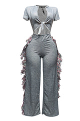 Open front tied closure, side tassel fringe wide leg jumpsuit