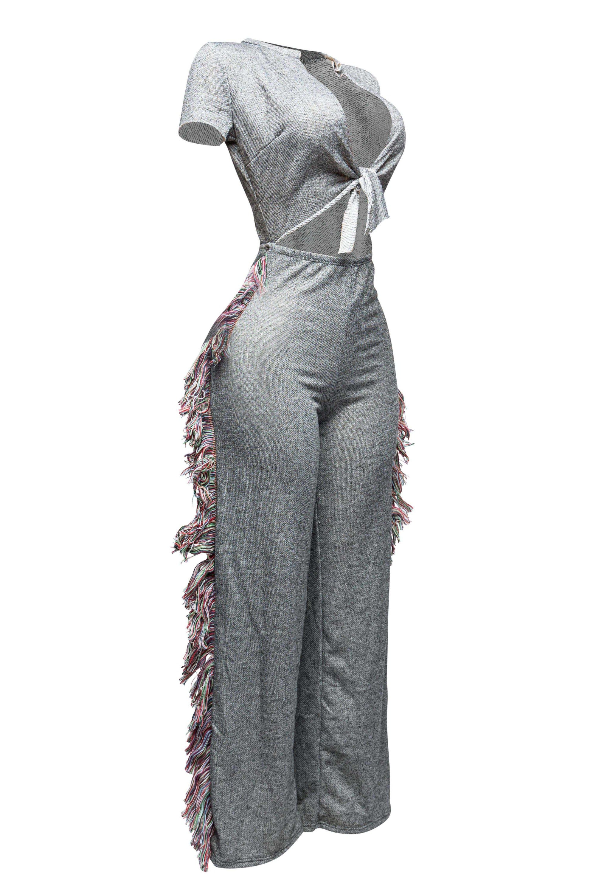 Open front tied closure, side tassel fringe wide leg jumpsuit