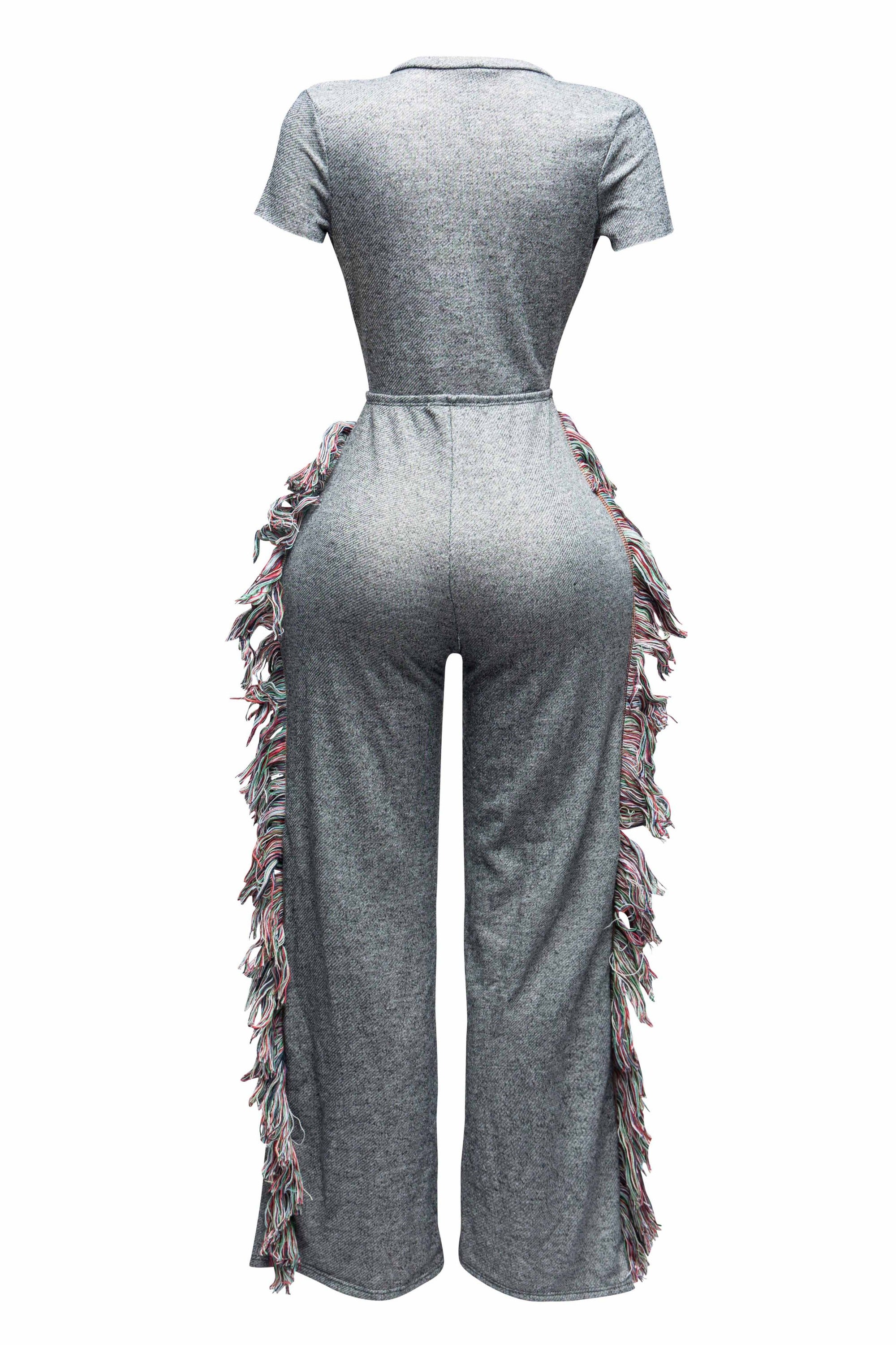 Open front tied closure, side tassel fringe wide leg jumpsuit