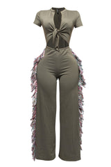 Open front tied closure, side tassel fringe wide leg jumpsuit