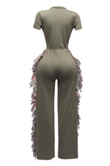 Open front tied closure, side tassel fringe wide leg jumpsuit