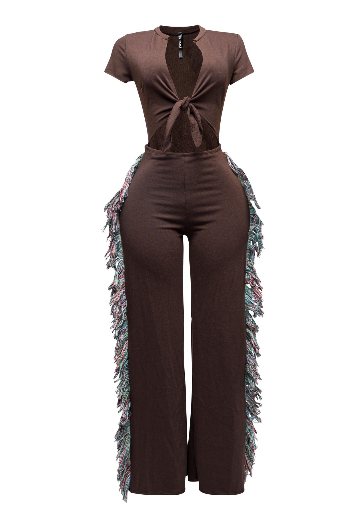 Open front tied closure, side tassel fringe wide leg jumpsuit